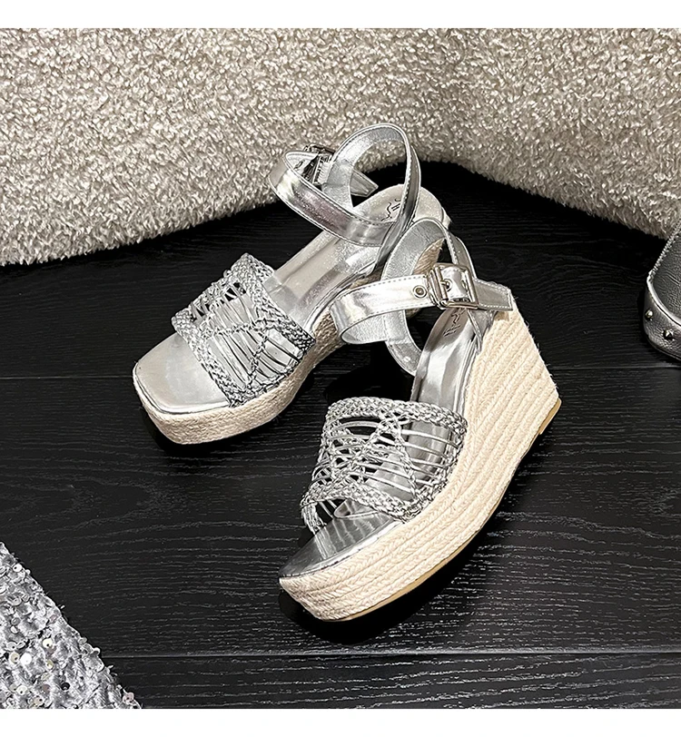 AIYKAZYSDL 2026 Straw Hemp Heel Wedge Sandals Weave Shoes Casual Summer Beach Flat Platform Heel Cross Strap Pumps Beige Yellow