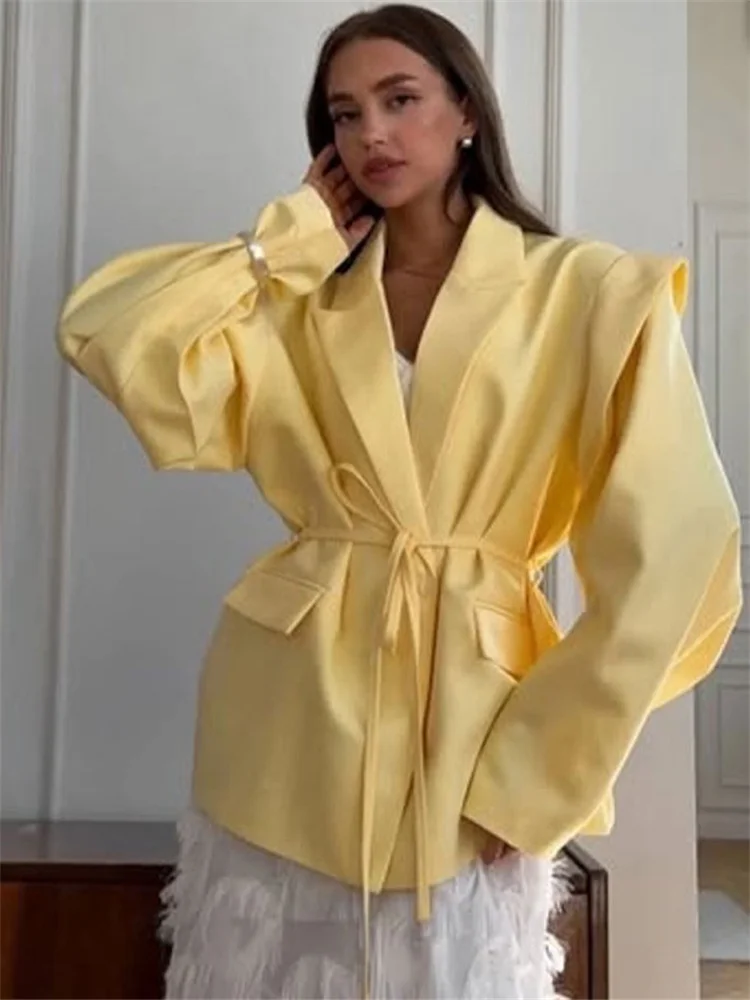 Elegant Commute Suit jacket Female Lace-Up Loose Pocket Patchwork Lapel Party Looks Outwear For Women Bandage Coat jacket