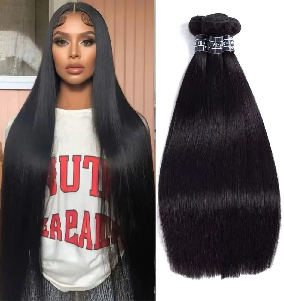 10-40 Inch Silky Straight Brazilian Human Hair Bundles Long Smooth Remy Hair Weave Extensions Soft Full Ends 1/3/4 PCS  For Women Daily Styling