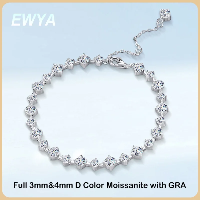 EWYA New In D Color 3/4mm Full Moissanite Tennis Bracelet For Women Lady S925 Silver GRA Certified Diamond Link Bracelets Gift