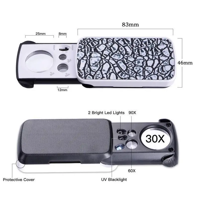 /Vly/60X 90X Slide Out LED UV Magnifier Portable Triplex Jewelry Loupe For Gemology Micro Engraving Precision Work 30X