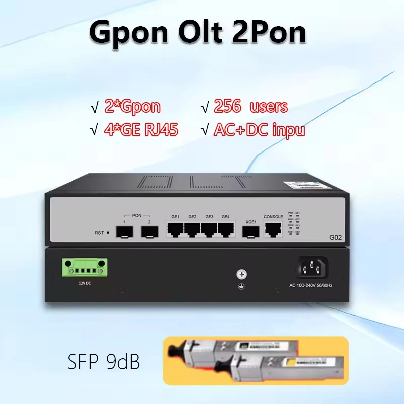 2PON GPON OLT 2pon 256 ONU 10G Uplink C+ GBIC WEB/CTI MINI GPON OLT 2 Ports SFP 9db Optical Module 100-240V AC 12V DC Power