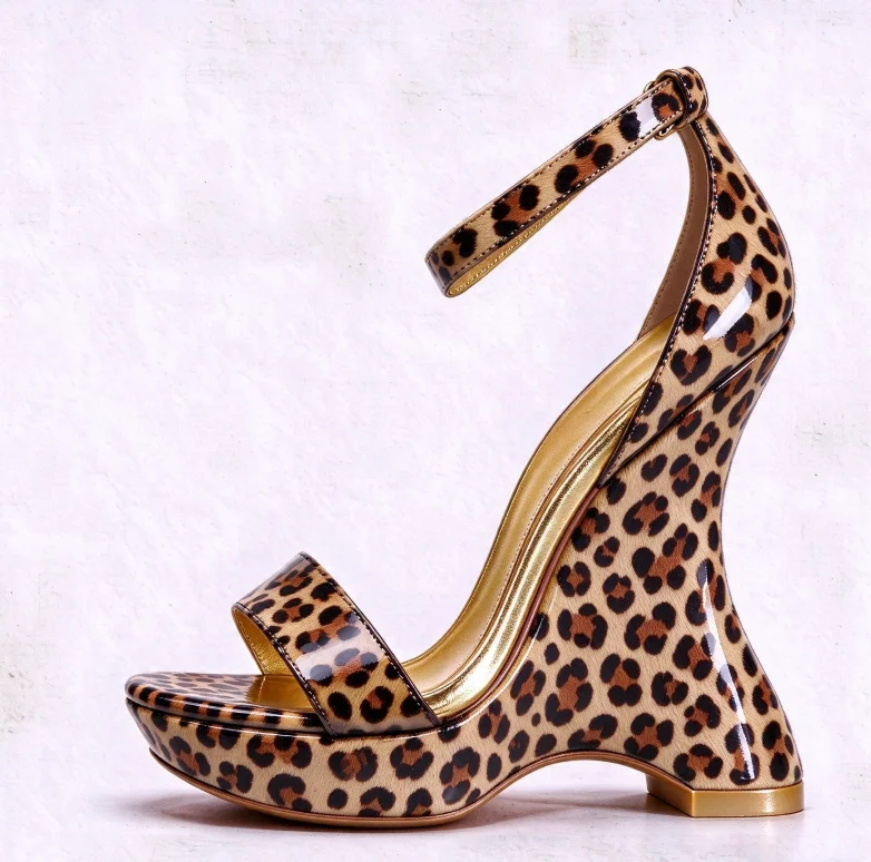 Women Platform Wedge Sandals Open Toe Ankle Strap Buckle Patent Leather Unique Curved Heel Fashion Ladies Party Dress Shoes