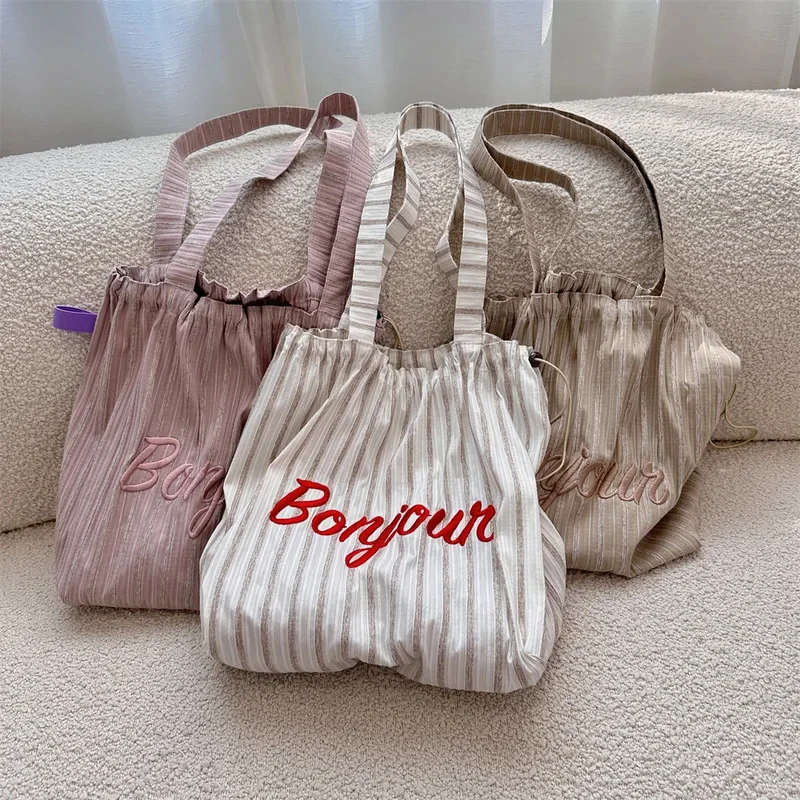 Korean Ins Striped Letter Embroidery Shoulder Tote Bag Drawstring Large Capacity Canvas Bag Commuter Shopping Bag