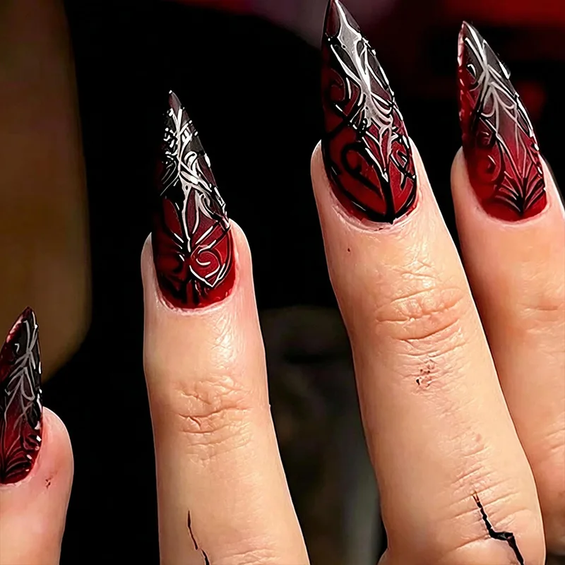 24PCS Dark Black Gothic Pattern Fake Nails Stiletto Almond Blend in The Halloween Aesthetic Atmosphere Press-on Nail Removable