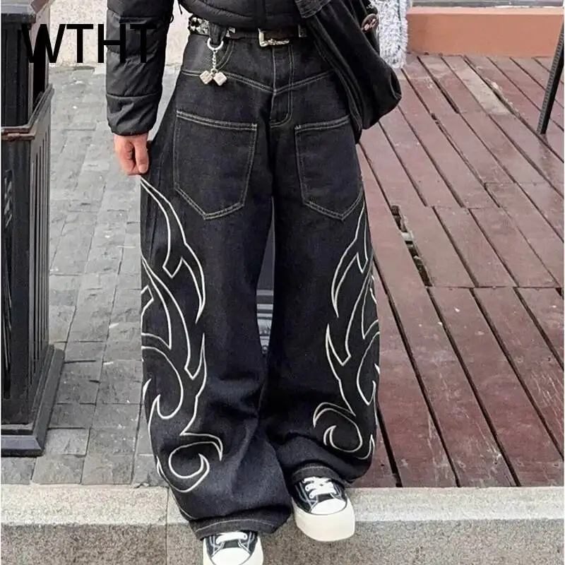 WTHT Fashion Men's Striped Print Wear Inside Out Design Denim Pants Trendy High Street Loose Jeans Male 2026 Summer 2A3226