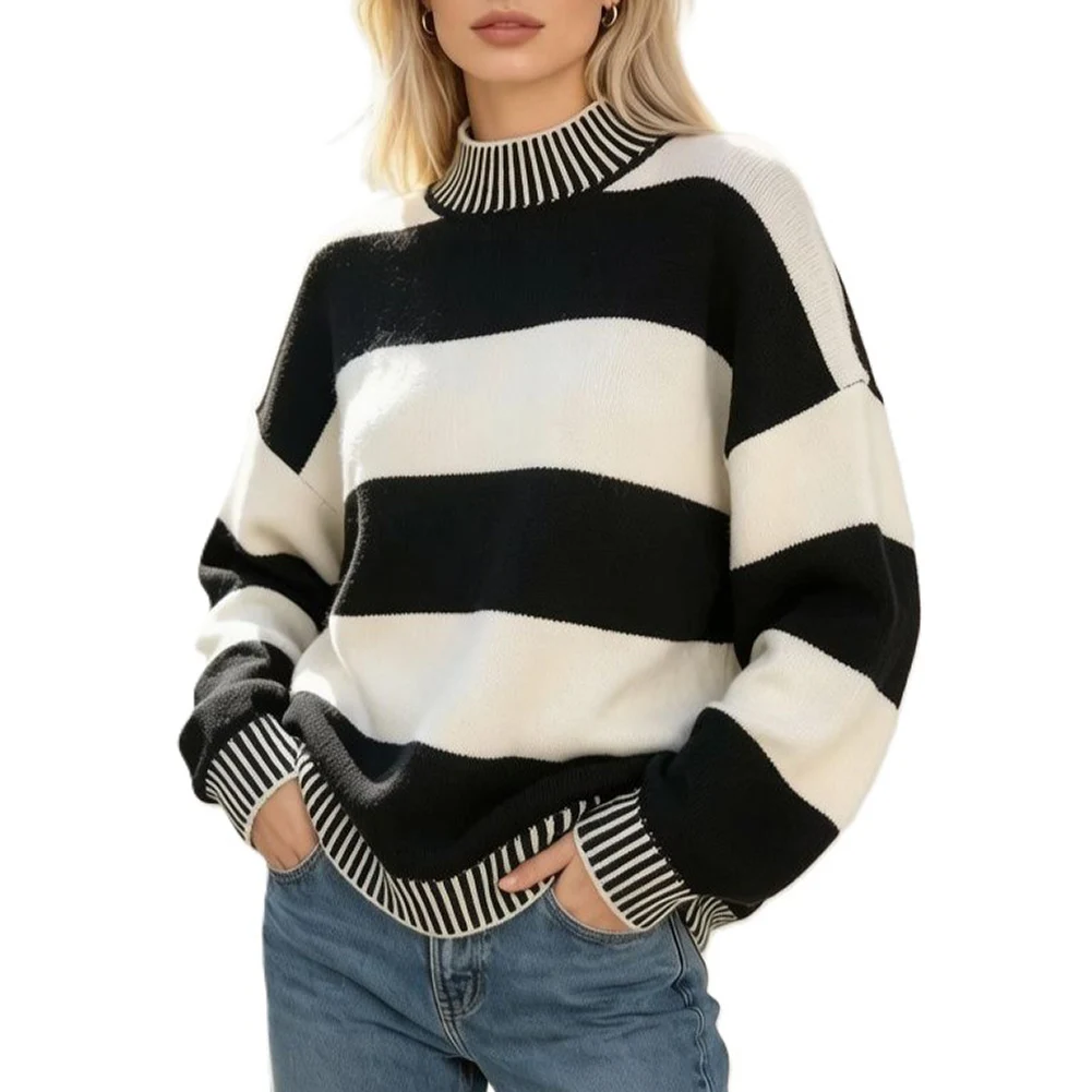 Womens Color Block For Striped Round Neck Loose for Fit Knit Sweater for Vacation Holiday Home Wear Regular Length