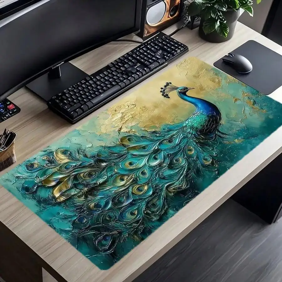 Peacock Design Large Gaming Desk Mat Non-Slip Rubber Base Full Keyboard Mouse Coverage