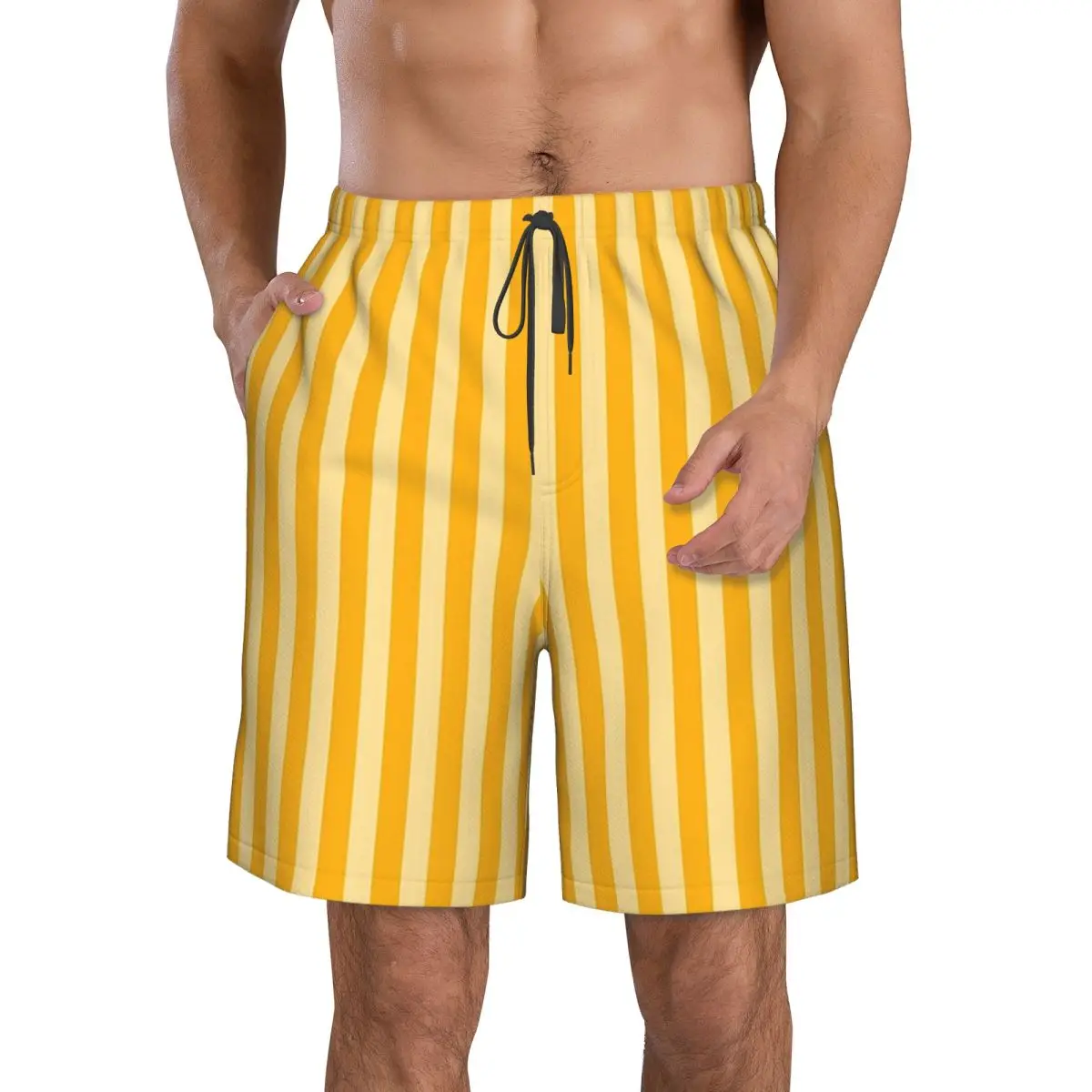 Striped Vertical 2 Yellow Trunks Beach Board Shorts Casual Quick Dry Swim Summer Men Pants