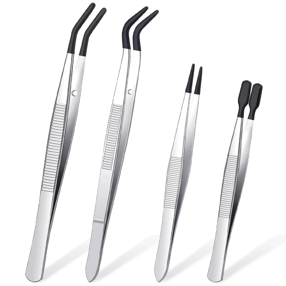 4 Pcs Rubber Tipped Tweezers PVC Silicone Tip Coated Flat and Bent Forceps for Lab Industrial Jewelry Craft Coin Stamp Tongs