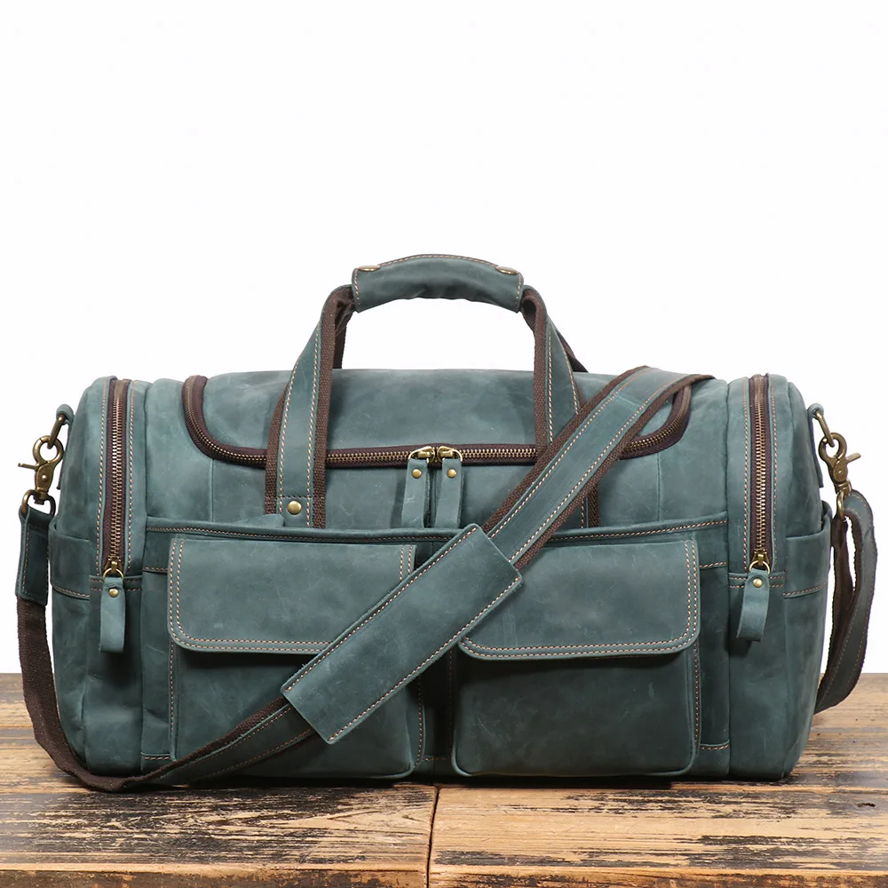 Full Grain Leather Duffle Bag Vintage Crazy Horse Weekender Travel Bag for Men Large Capacity Carryall with Shoulder Strap