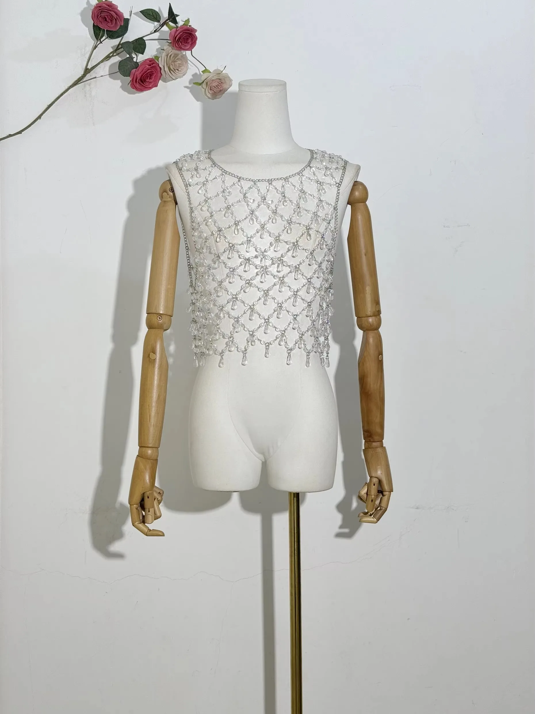 New Acrylic Beaded Hot Girl Body Chain Cover Light Luxury Hanging Neck Hollow Outer Top Beach Party Beaded Top