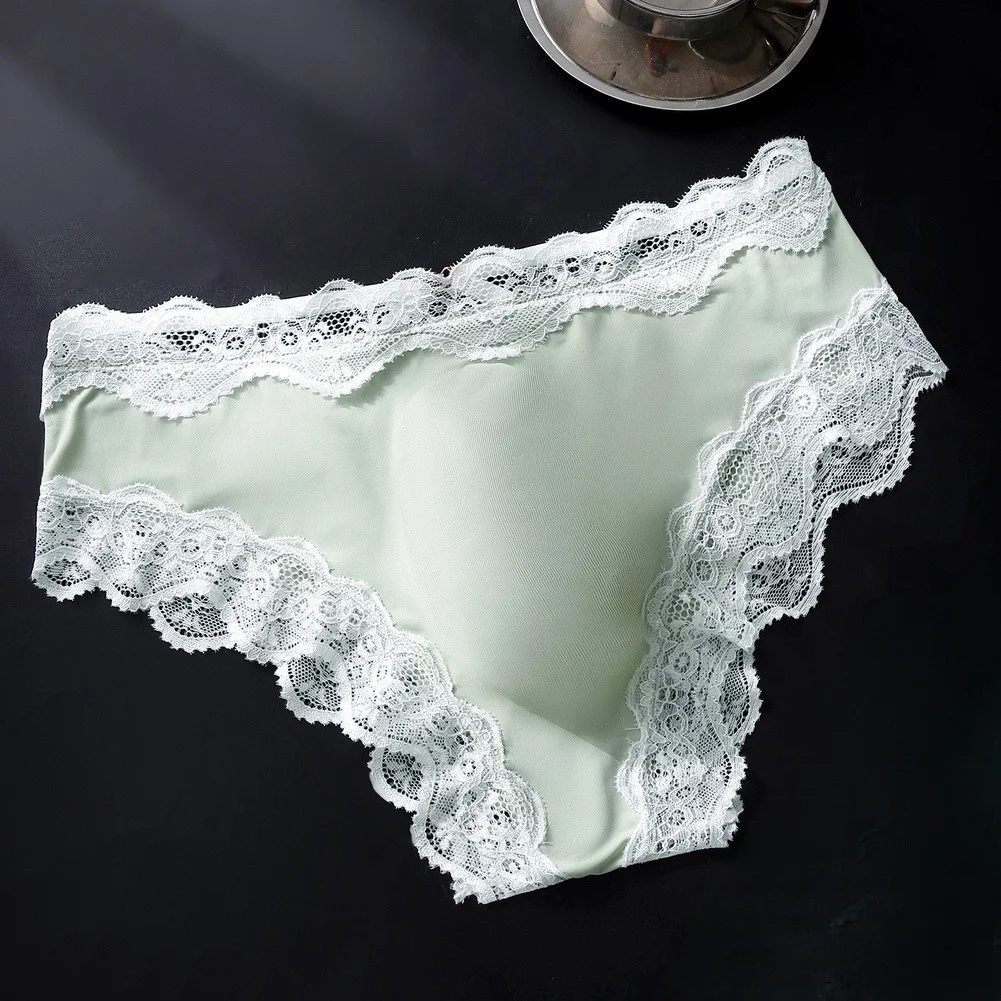Men Ice Silk Satin Briefs Exquisite Lace Trim 3D U Convex Pouch Underpants UltraThin Breathable Low RiseMale Panties