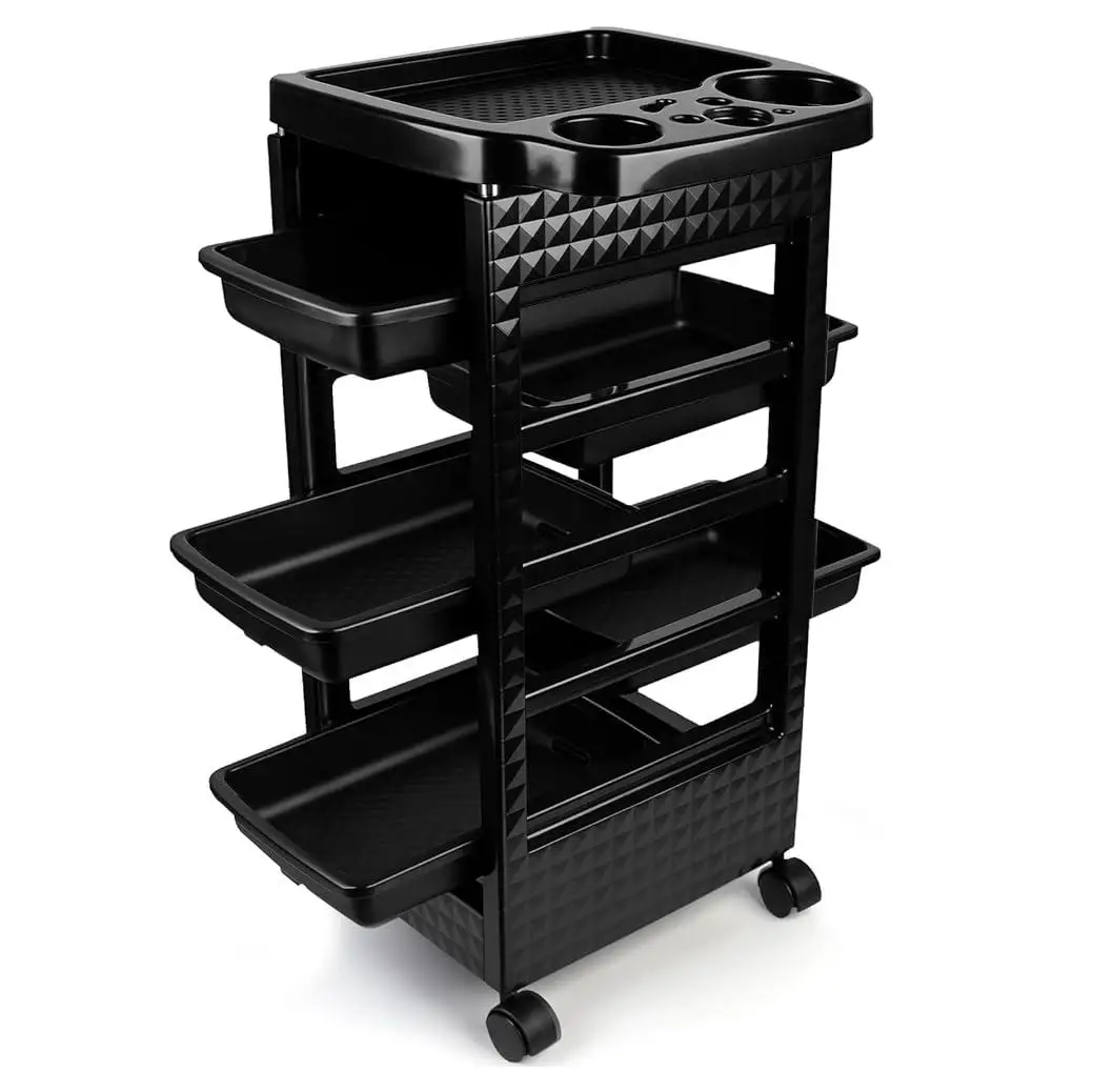 5-Tier Black Salon Hairdressing Rolling Cart with Wheels  Mobile Storage Trolley for Cosmetology, Makeup, Nail Supplies