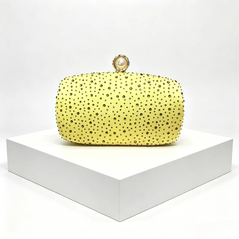 Women Bright Yellow Satin Rhinestone Clutch Bag Luxury Formal Cocktail Party Evening Bag Elegant Crystal Beading Handbag Bolso