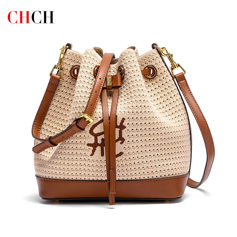 CHCH Women's Bucket Bag Spring New Fabric Splicing Design Handbag Vacation Style Women's Shoulder Bag