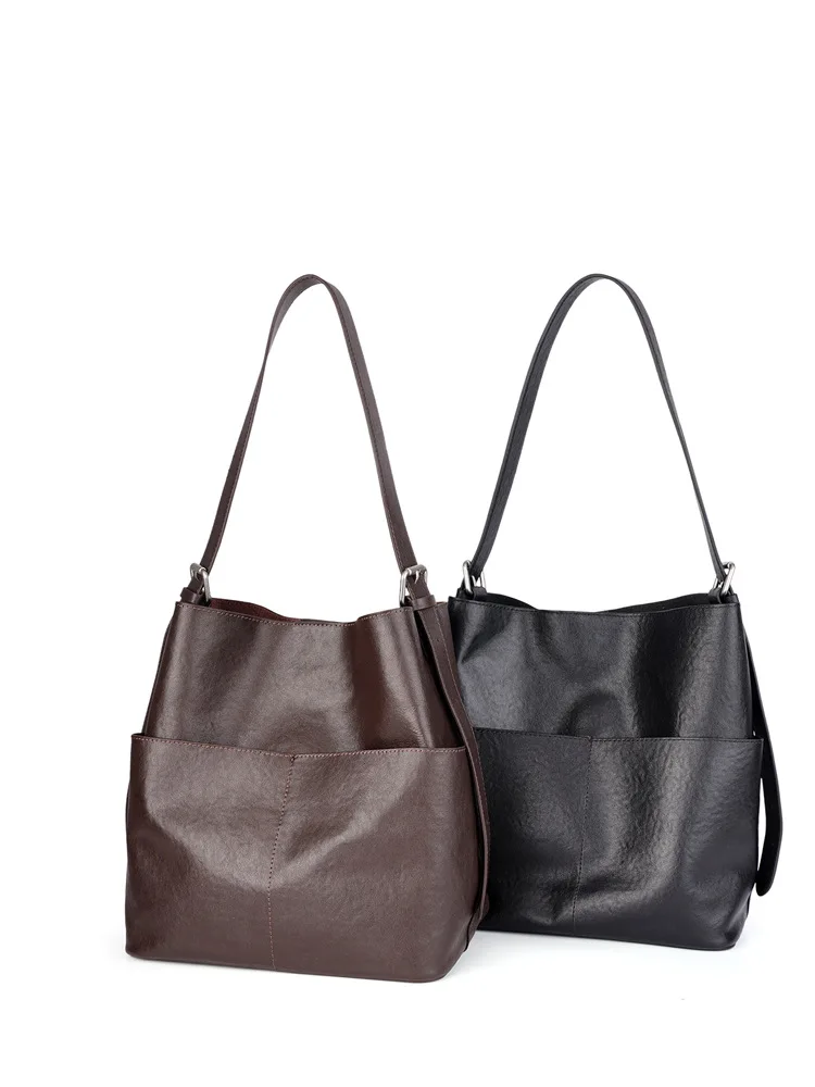 Genuine Leather Large-Capacity Retro Commuter Bucket Bag 2026 New Senior Sense Temperament Cowhide Shoulder Bag / Underarm Bag