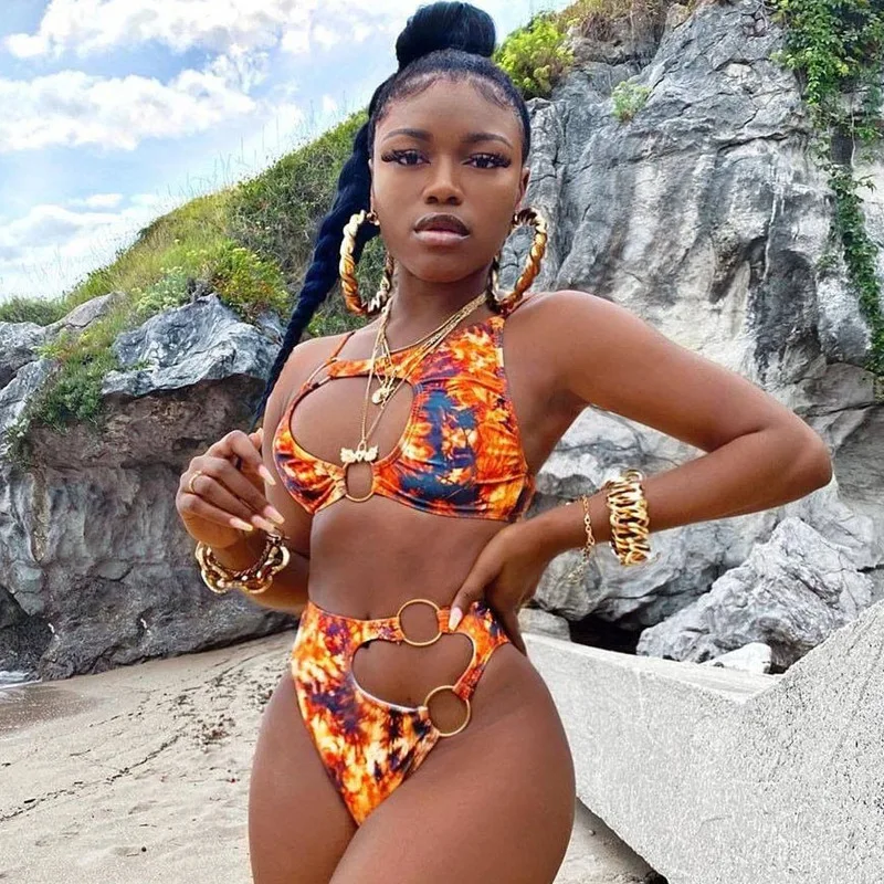 African Style Bikini Bathing Suit Sexy Cut Out Swimwear Chain Ring Swimming Suit for Women Two Piece Swimsuit Floral Biquini