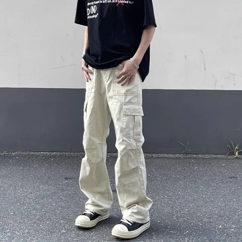Men's Beige Elastic Waist Drawstring Cargo Pants Multi Pocket Wide Leg Streetwear Trousers
