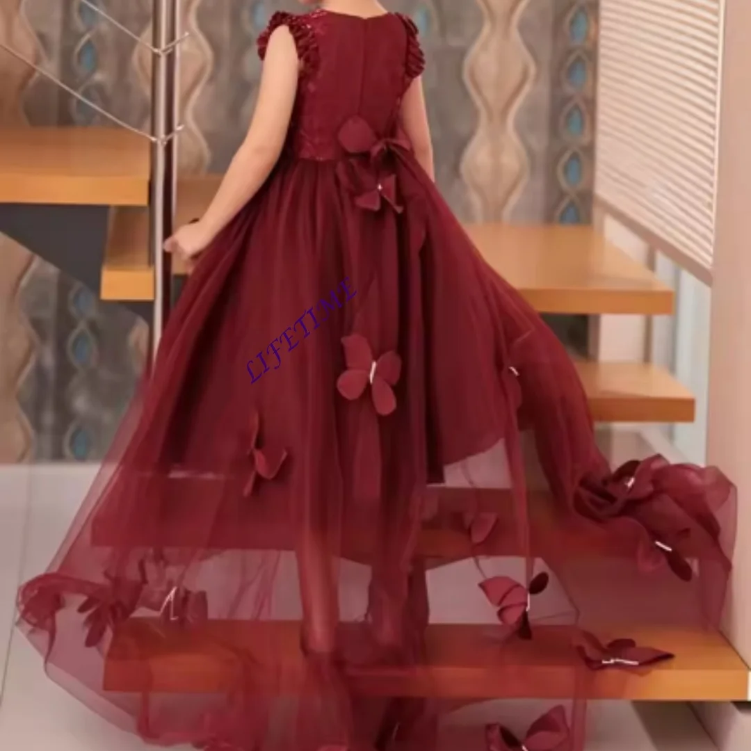 Wine Red Flower Girl Dress with Butterflies Appliques & Pearls Puffy Kids First Communion Birthday Party Gown Customized