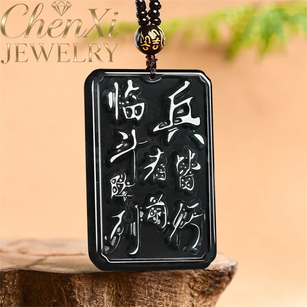 Natural Myanmar Genuine Black Jadeite Nine-Character Mantra Pendant Luxury Quality Fine Fashion Jewelry Exquisite Elegant Gift