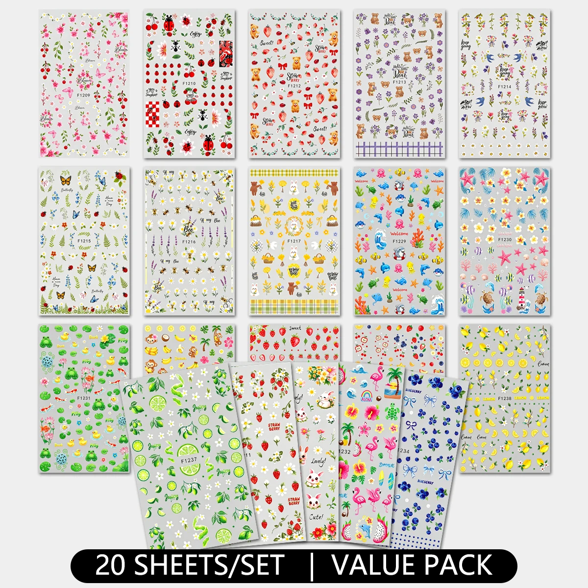 20 Pack 3D Vacation Style Nail Decoration stickers, Summer Fresh Fruit Flower Patterns, Strawberries, Lemons, Flamingos