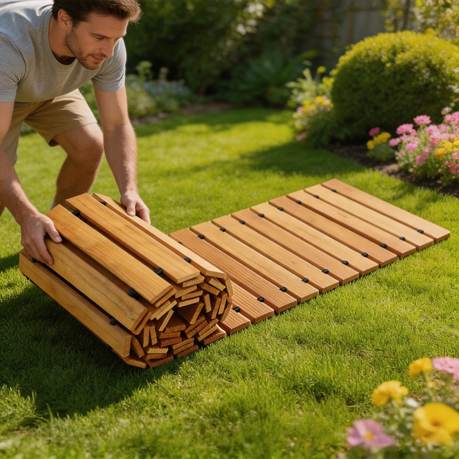 Wooden Garden Path, Roll-Up Wooden Walkway for Garden Patio, 144in Long, Anti-Slip Slats, Drainage, for Camping Beach