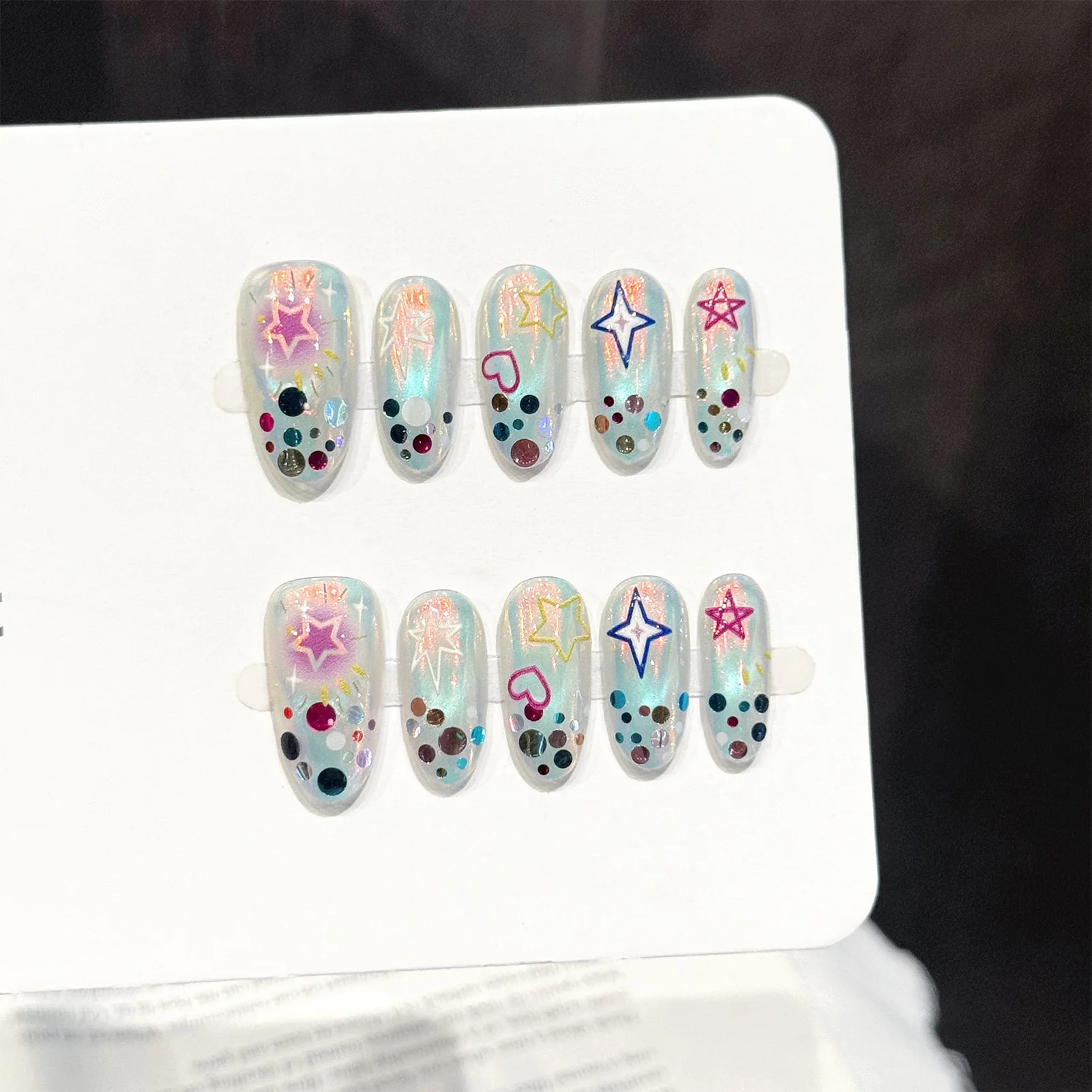 10pcs Y2k Macaron Stars Press On Nails Colorful Round Sequins Designs French Style Handmade False Nails Sweet Almond Fake Nail