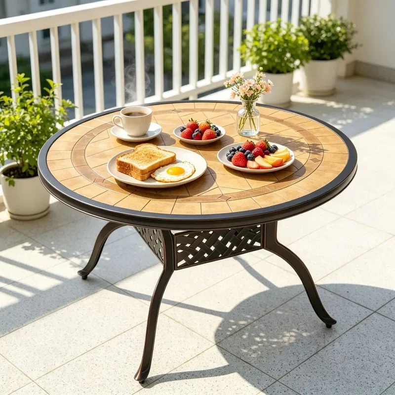 XZM-120 Outdoor Round Mosaic Cast Aluminum Table for Courtyard Terrace Casual Dining Star Parquet Design