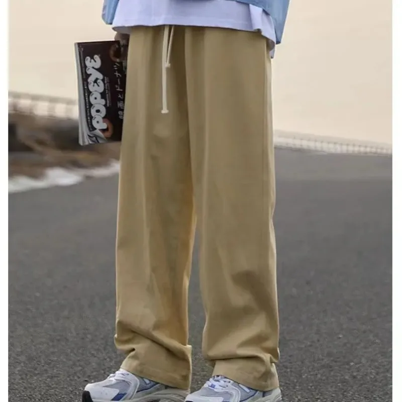 Men Women Japanese Style Solid Casual Pants Loose Straight Wide Leg Drawstring Daily Trousers
