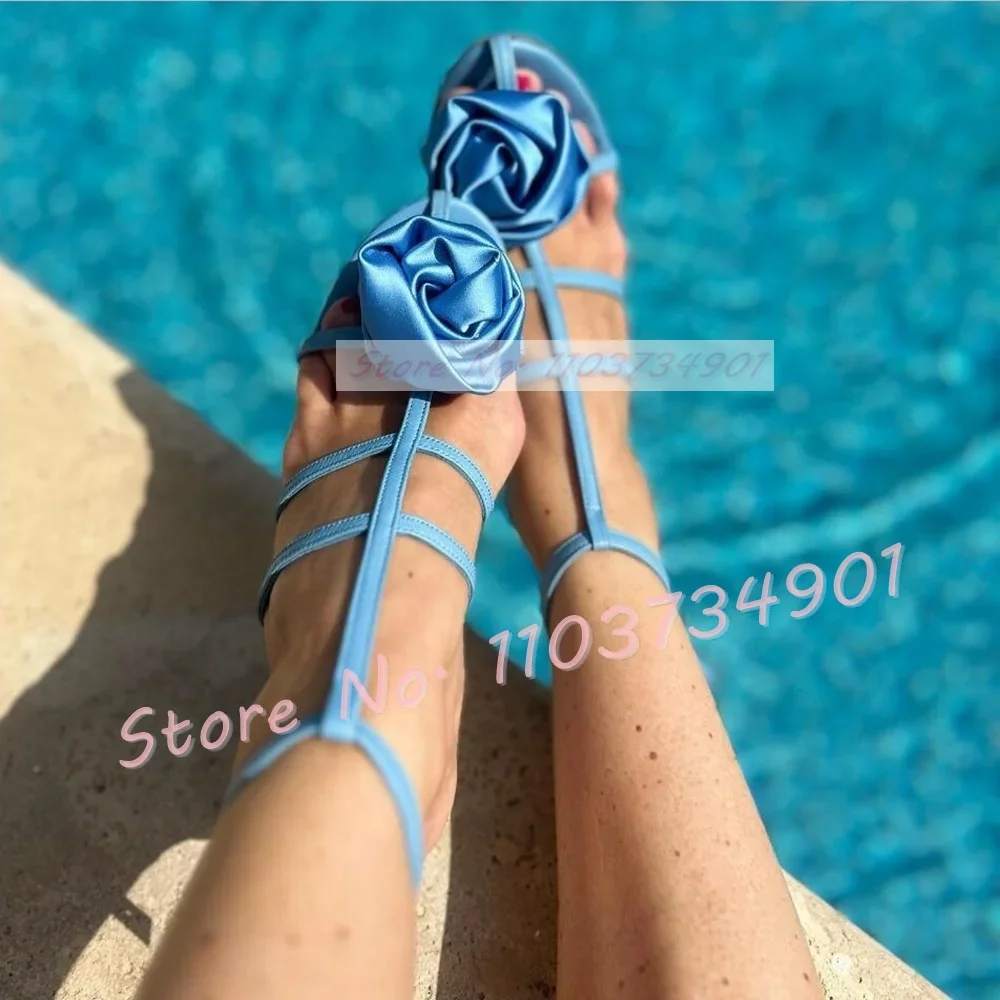 Blue Rose Flower Strappy Silk Sandals Women Classy Open Toe Stiletto High Heels Shoes Ladies Summer Party Ankle Strap Sandals