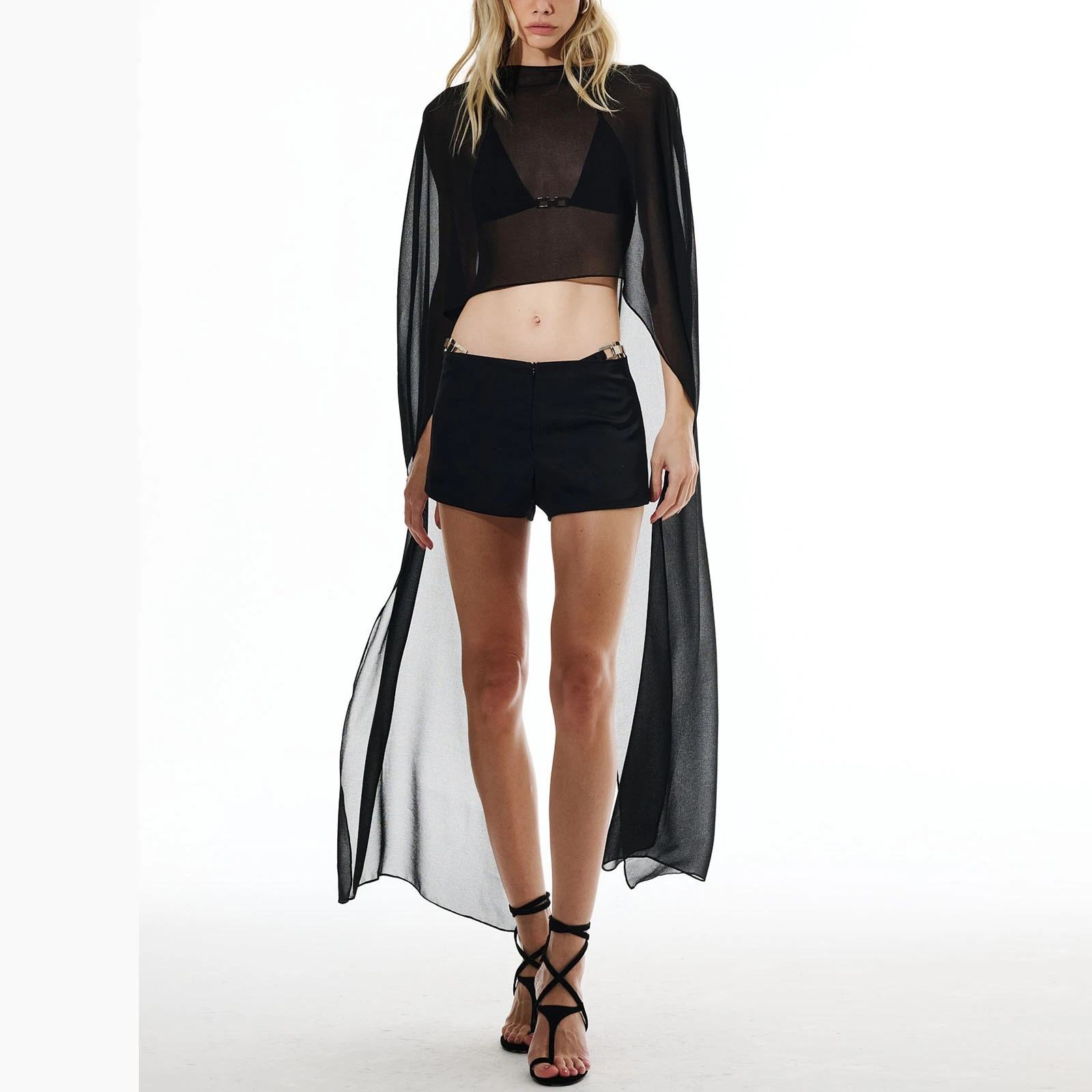Women Chiffon Long Cape Sheer Mesh Flowy Poncho Top Lightweight Capelets Y2k Summer Beach Bikini Cover Up Shawl Wraps