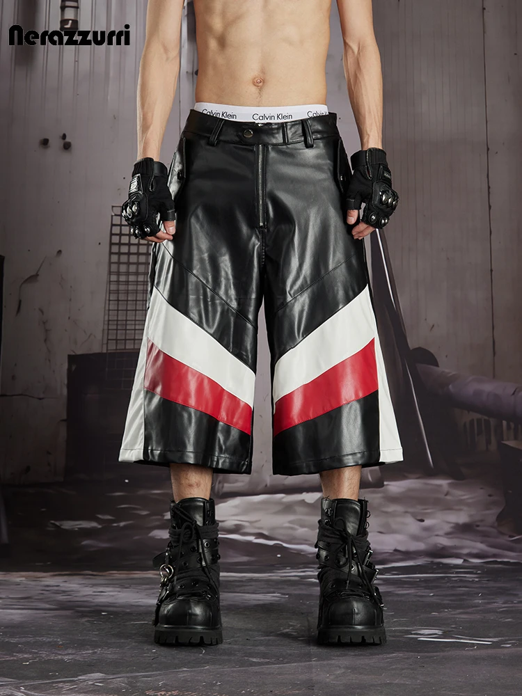 Nerazzurri Summer Autumn Patchwork Color Block Baggy Wide Leg Calf-Length Pu Leather Pants Men Cool Luxury Designer Emo Clothes