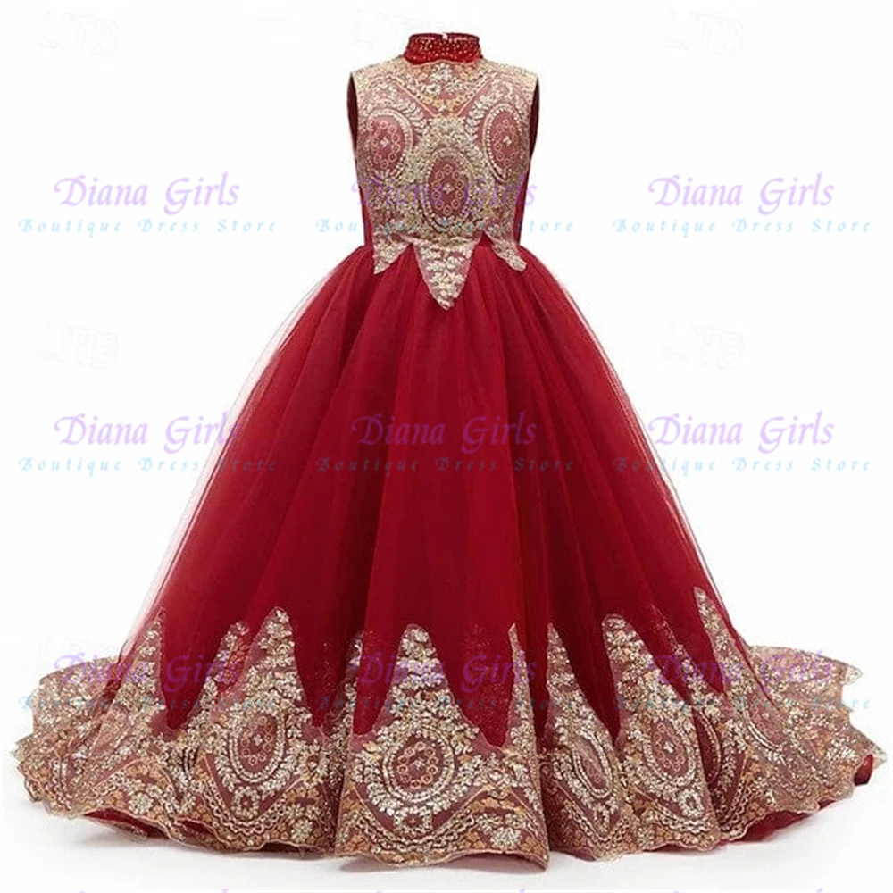 Luxurious Red Flower Girl Dress Tulle Fluffy with Exquisite Gold Applique for Wedding Birthday Wedding Evening Ball Gowns