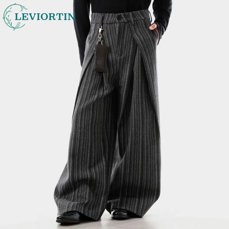 2025 Spring and Autumn American retro lazy style new pleated design loose wide leg striped casual versatile floor length pants