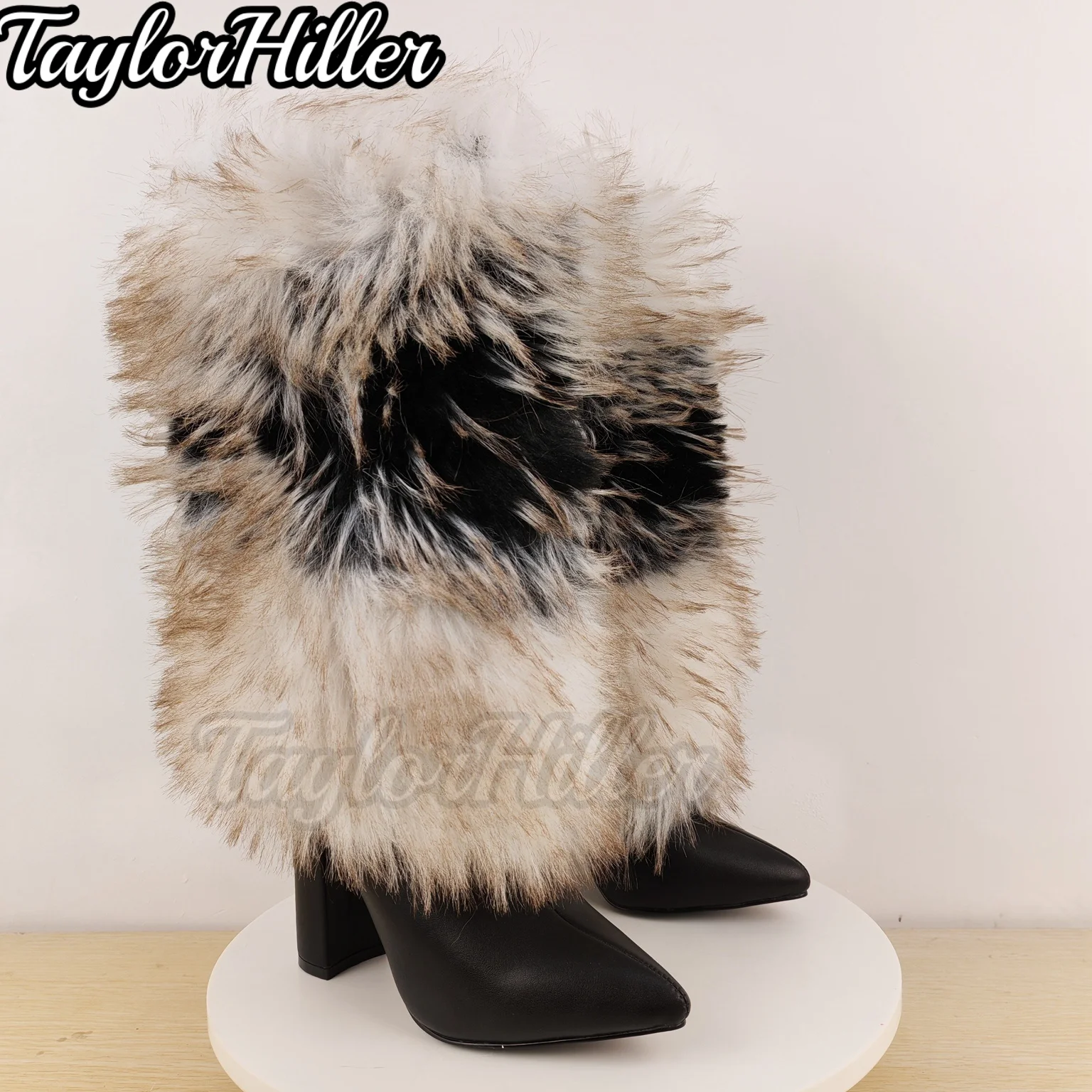 Luxury Furry Fur Boots Mixed Color Pointed Toe Block Heel Booties Women Luxury Designer Shoes Autumn Winter Mid-calf Botas 2026