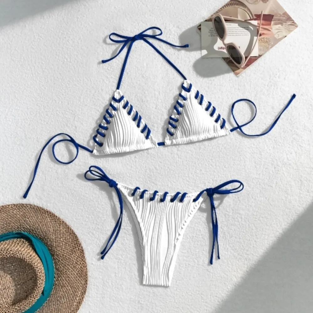 Simple Rope String Bikini Suit Ruffled Lace Up Swimwear Set Slim Fit Halter Neck Sling Swimsuit Vacation