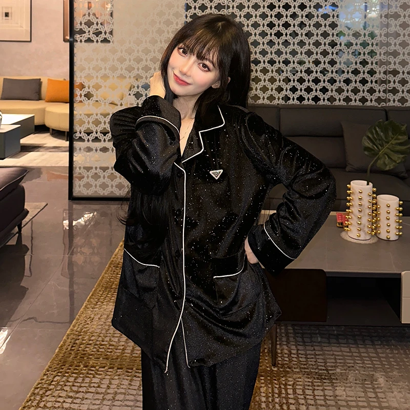 Autumn New Diamond Velvet Elegant Women's Sets Lapel Cardigan Outfits for Women 2 Piece Set Senior Black Luxury Women's Pajamas