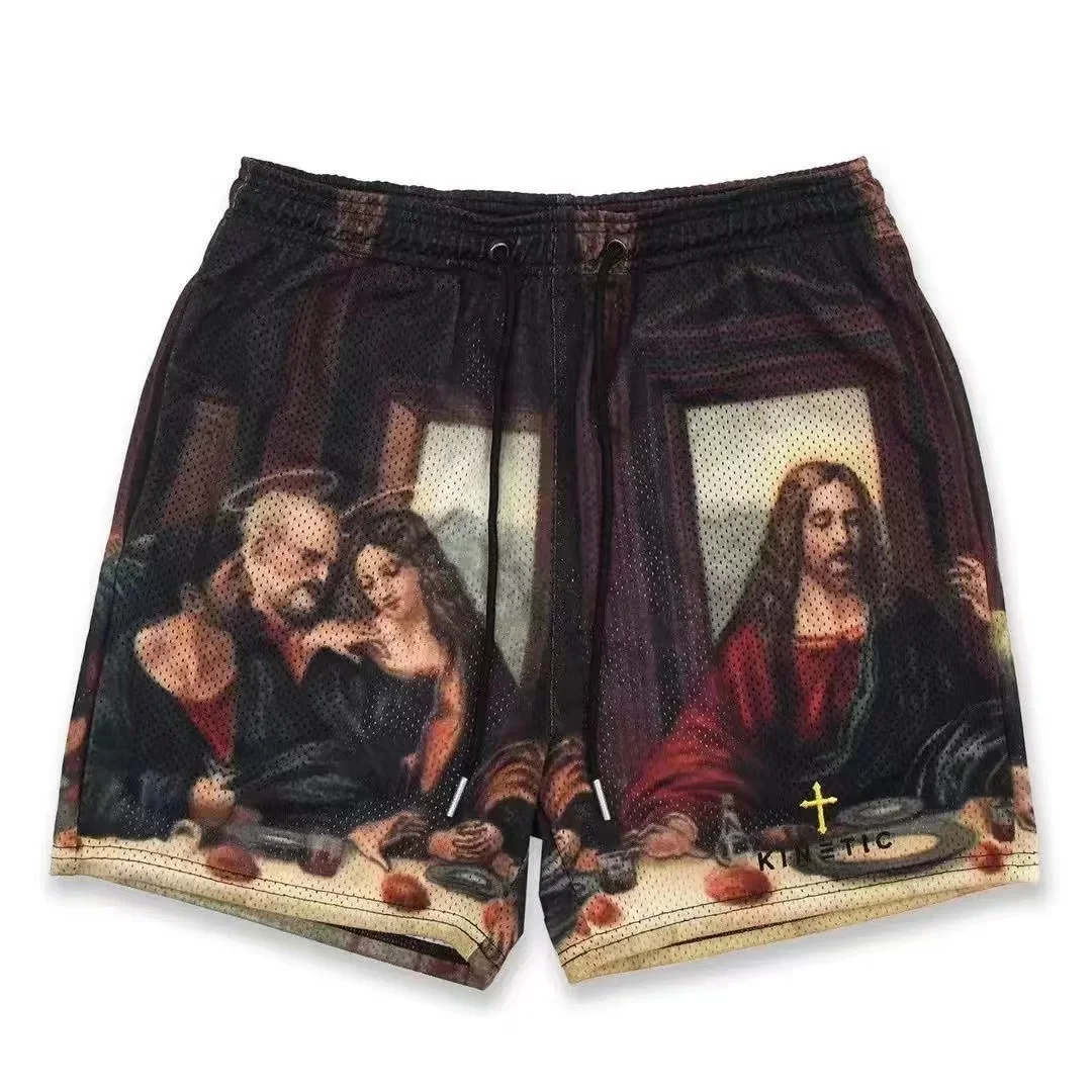 Men's 2026 Mesh Breathable Flame Print Shorts GYM Basketball Running Quick Dry Baggy Summer Outdoor Streetwear Casual Bottoms