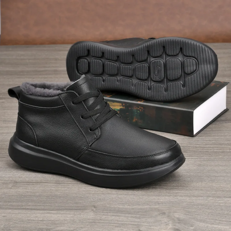 Men Genuine Leather Snow Boots Thick Wool Winter Boots Warm Natural Fur Lined High Top Sneakers Lace-up Casual Ankle Boots