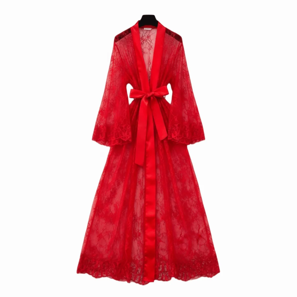 Elegant Long Sleeve Long Lace Robes Hollow Out Nightdress Lady Pajamas Ultra-thin Transparent Bridal Robe Home