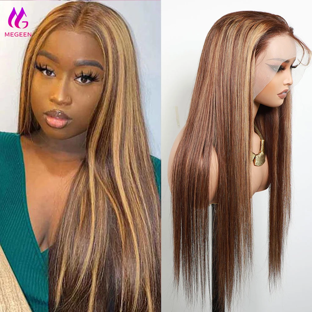 Megeen 13X4 Lace Frontal Wigs 100% Human Hair Wigs P4/27 Colored Highlight Straight Pre Plucked 13x4 Lace Front Wig Honey Blonde