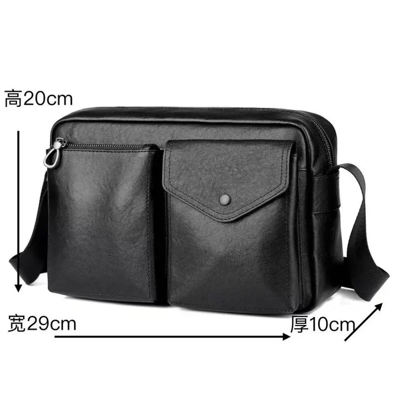 Casual Genuine Leather Single Shoulder Bag Men Zip Multi Pocket Messenger Bag High Street Versatile Black Real Cowskin Handbag