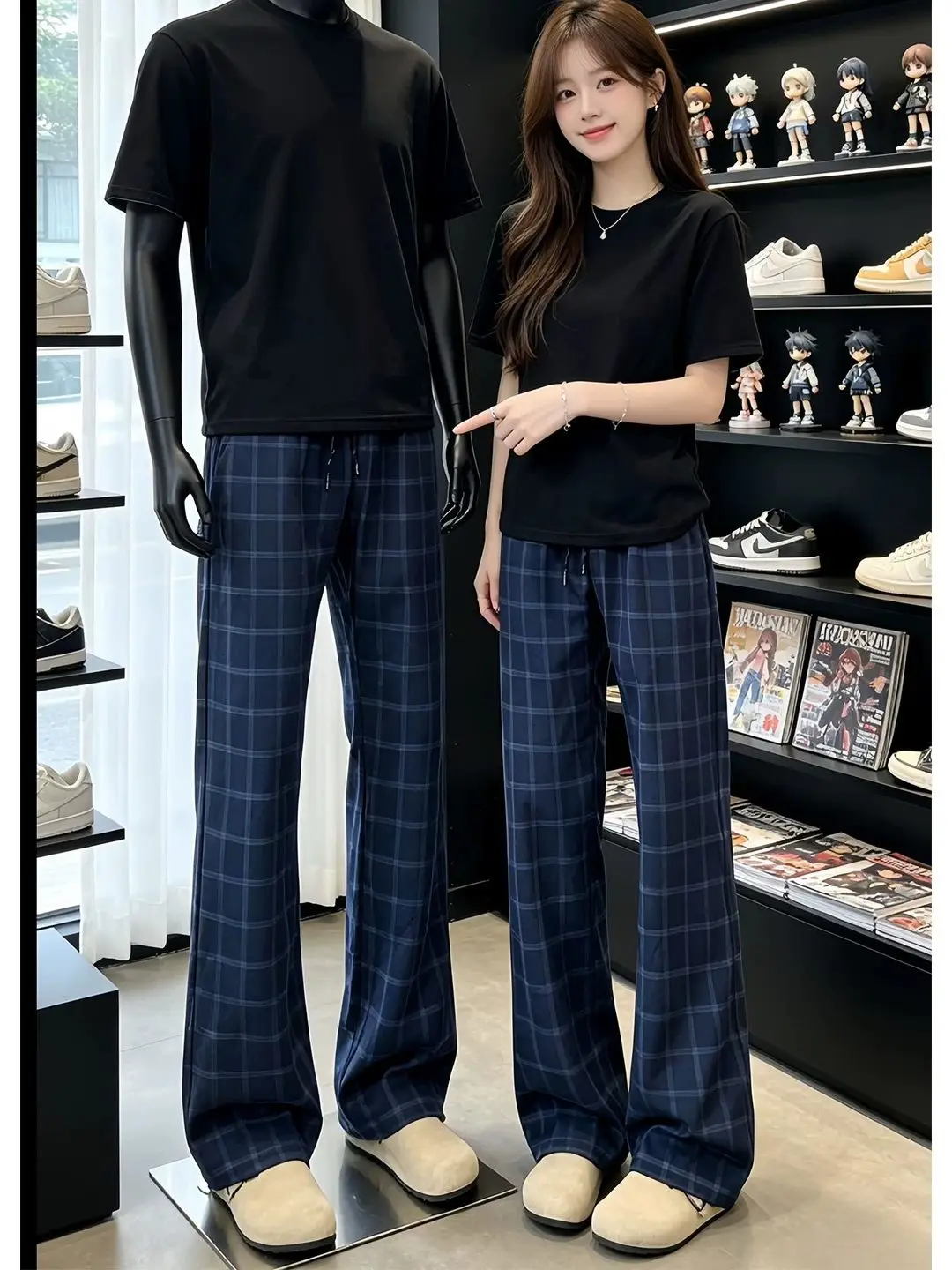 Light Blue Plaid Micro Flared Pants Ice Silk Wide Leg Thin Sporty Casual Trousers for Men And Women Straight Cut Loose Fit