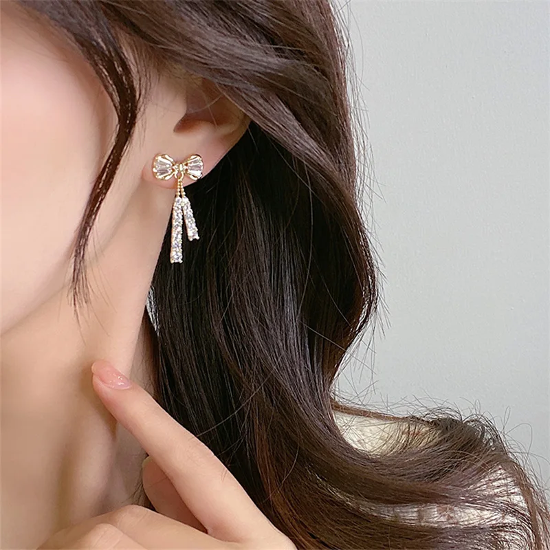 Anziw Korean D Color Moissanite Drop Earrings Original Silver 925 Bow Tassel Earrings for Women Gifts Jewelry with Certificate