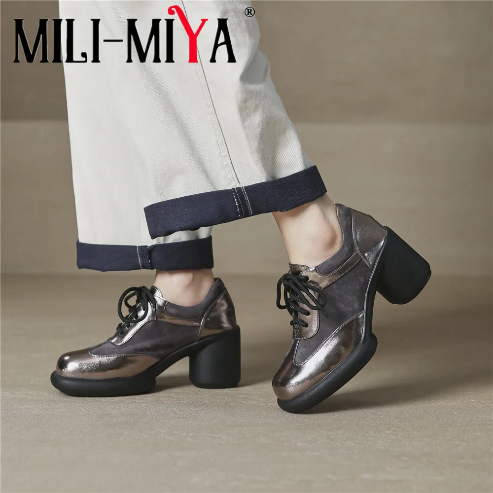 MILI-MIYA Ladies' New Style Round-Toe Pumps Upper Cowhide Leather with Sheep Suede Panels Round Heel Solid Colour Lace-Up Casual
