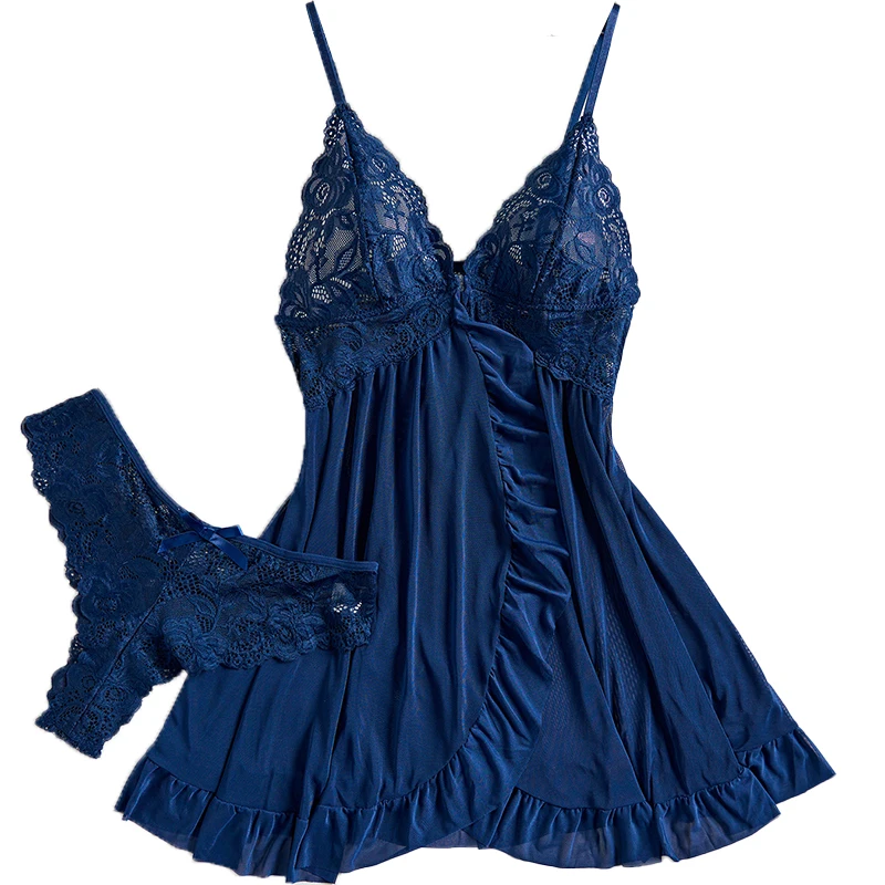 Blue Lace Pajamas Women Sleepwear Dress Set