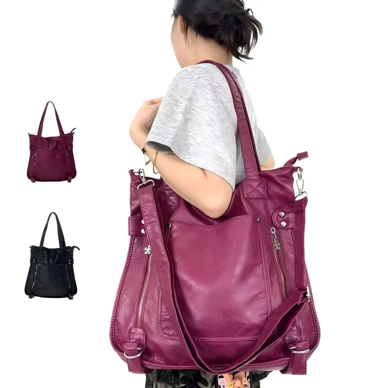Ladies' fashionable retro Y2K spicy girl handbag, large capacity, multiple pockets, washed vegan leather bag