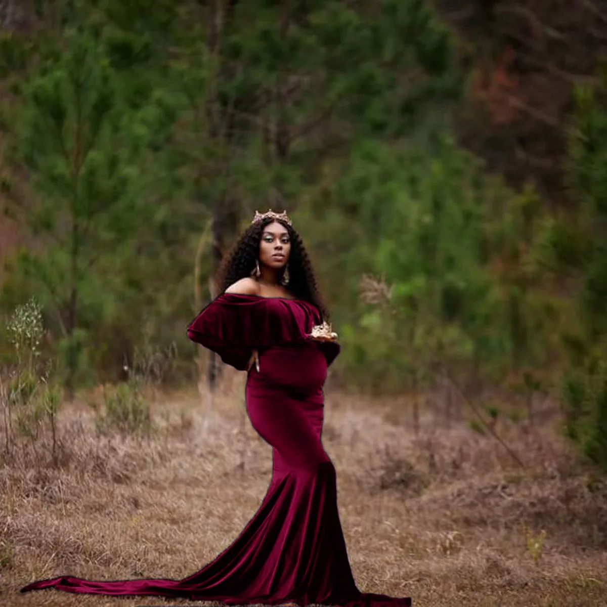 Maternity Dress Photoshoot Baby Shower Autumn Winter Maxi Velour Dresses Pregnant Woman Party Evening Dress Maxi Maternity Gown
