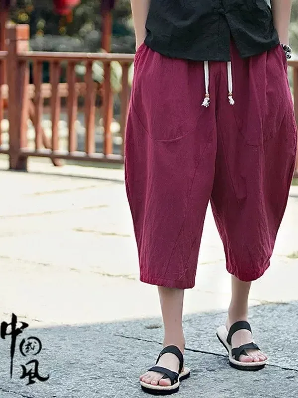 Loose Cotton Linen 7-Length Men's Shorts plus Size Wide Leg Casual Summer City Walk Ethnic Style No Stretch Elastic Waist